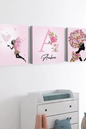 Lot de 3 Tableaux sur toile Triptyque Enfants - Fées coeurs papillons Original