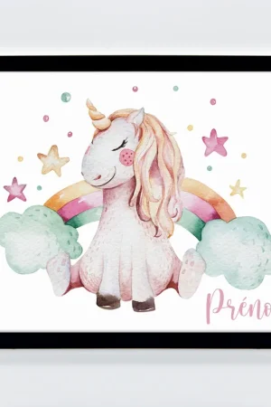 Affiche / Poster Prénom Enfants - Licorne arc-en-ciel Satisfait Ou Remboursé