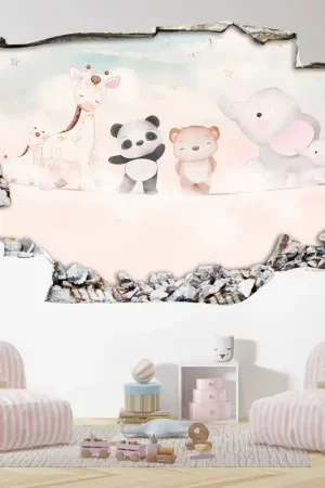 Livraison Mondiale Stickers Trompe l'oeil trou dans le mur - Animaux Bébés